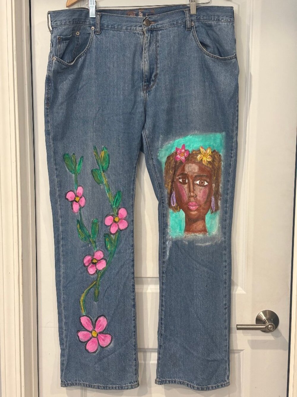 Upcycled Vintage Quality Denim Jeans Sz 42 Painted ONE-OF-A-KIND- Plus Size